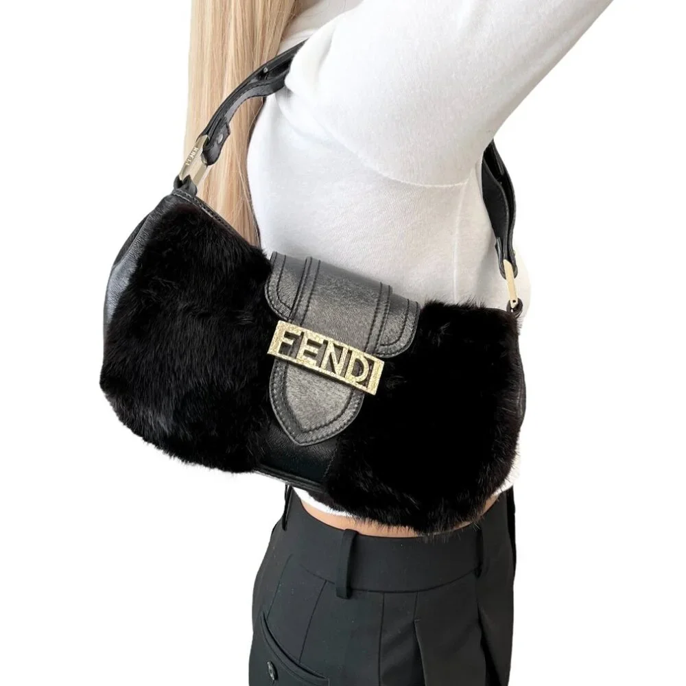 FENDI Vintage Logo Fur Baguette Mini Shoulder Bag Handbag Black Gold [106345] - Picture 2 of 13